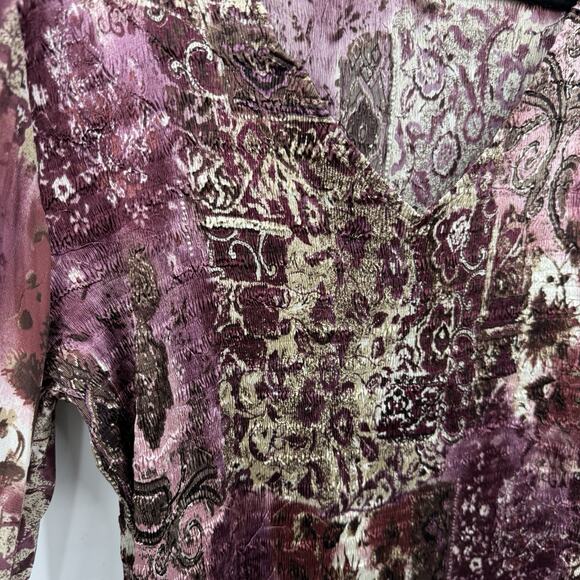 Dressbarn Plisse Pleats Top Burgundy Floral Balloon Sleeve V Neck Art to Wear XL - Picture 5 of 11